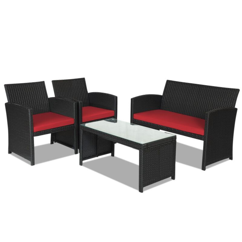 4 Pcs Wicker Conversation Furniture Set Patio Sofa and Table Set-White