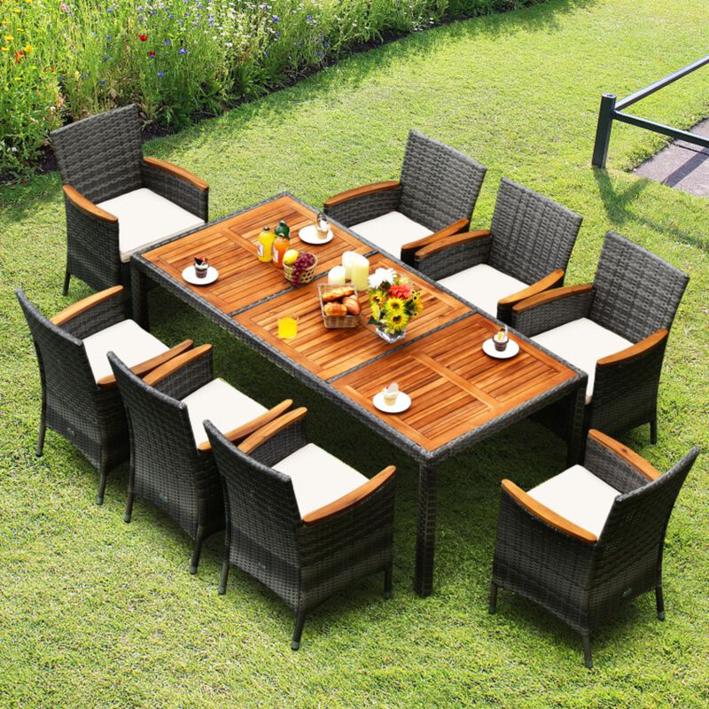Mondawe 9-Pcs Outdoor Dining Set,PE Rattan Acacia Wood Table With Umbrella Hole & 8 Cushioned Chairs