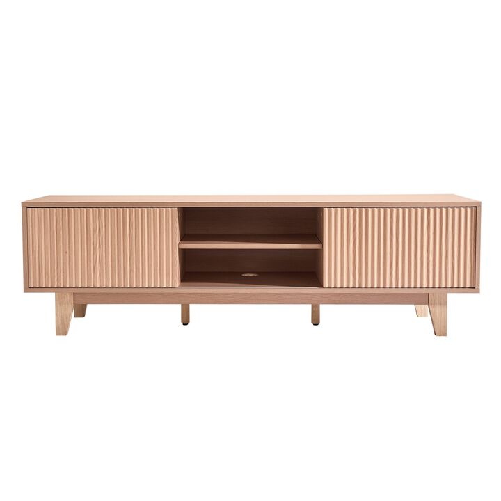 TV Stand for TVs up to 59 Inch with Sliding Door and Adjustable Shelves-Natural Wood Color