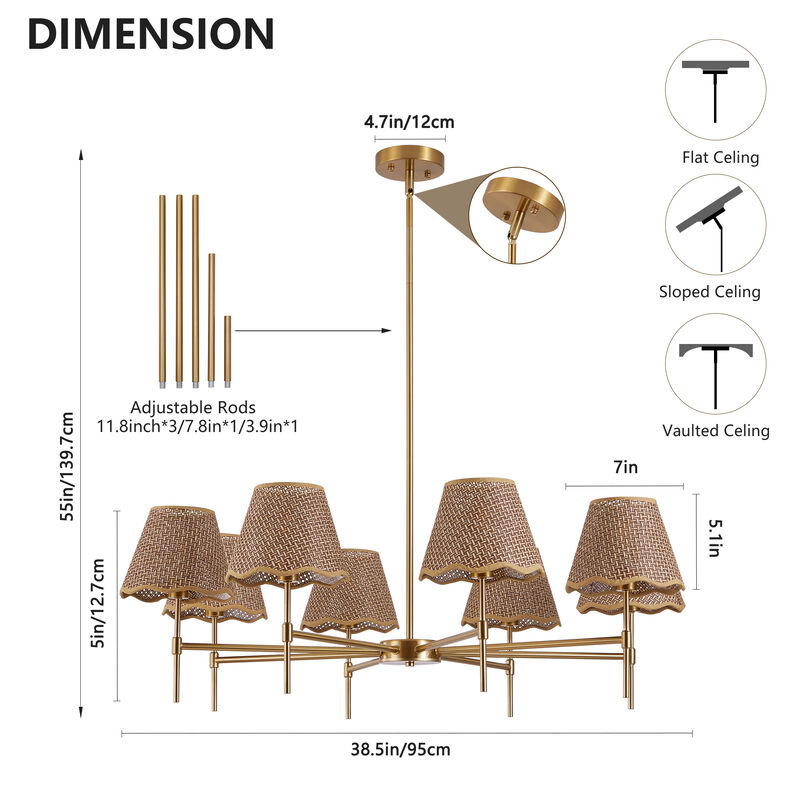 38.6" Adjustable Gold Chandelier &ndash; 8-Light Handwoven Rattan Pendant with E12 Base image number 6