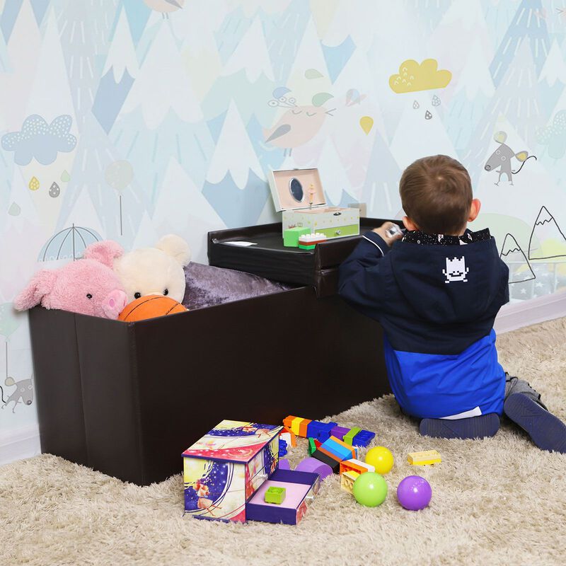 43" L Folding Storage Ottoman Bench with Flipping Lid - Faux Leather Storage Chest with Iron Frame Support