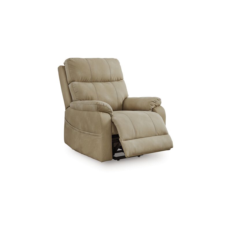 Corbin Power Lift Recliner Chair, Sand Faux Leather, Pillow Top Arms - Benzara