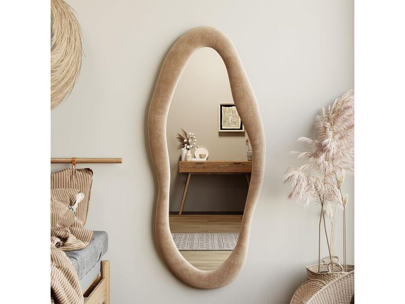 Irregular Wavy Wall Mirror 55x24 Inch Flannel Wrapped Wooden Frame Mirror image number 1