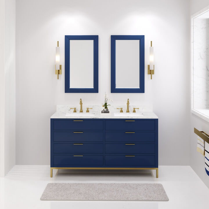 Bristol 60 In. Double Sink Carrara White Marble Countertop Bath Vanity in Monarch Blue
