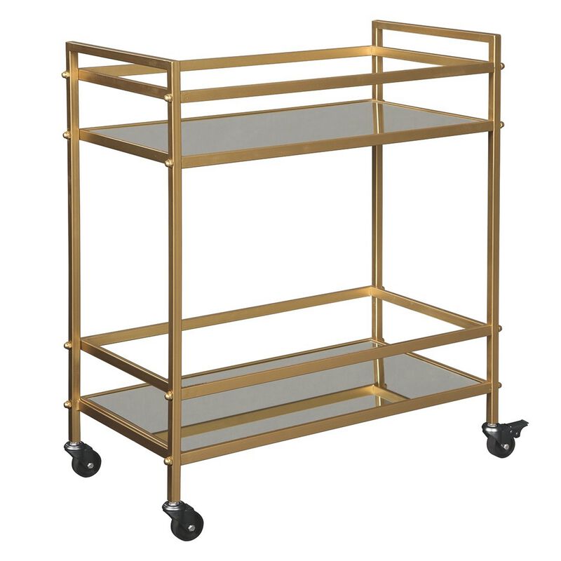Metal Frame Bar Cart with 2 Mirrored Shelves, Gold-Benzara