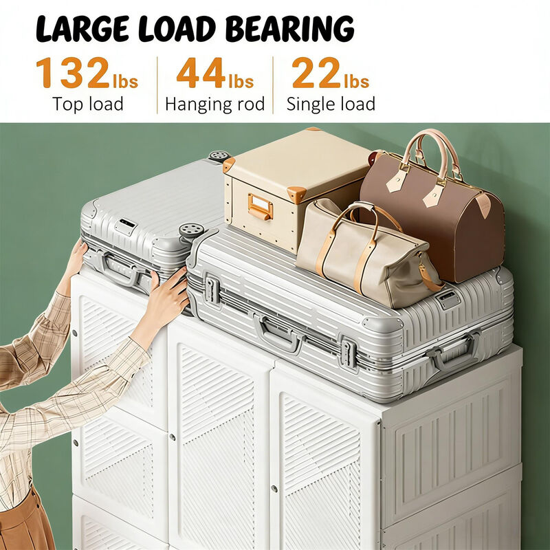 41" W White Foldable Clothing Storage Cabinet Closet Entryway Wardrobe with Magnetic Door image number 8