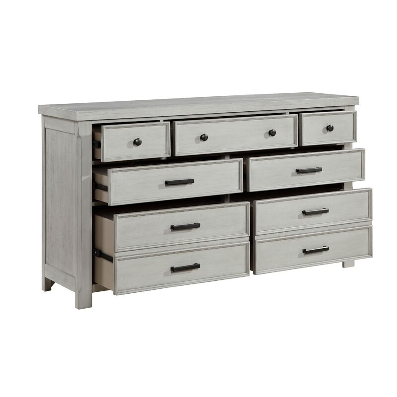 Brok 67 Inch Dresser, 7 Drawers, Light Gray Acacia, Black Bar Handles - Benzara