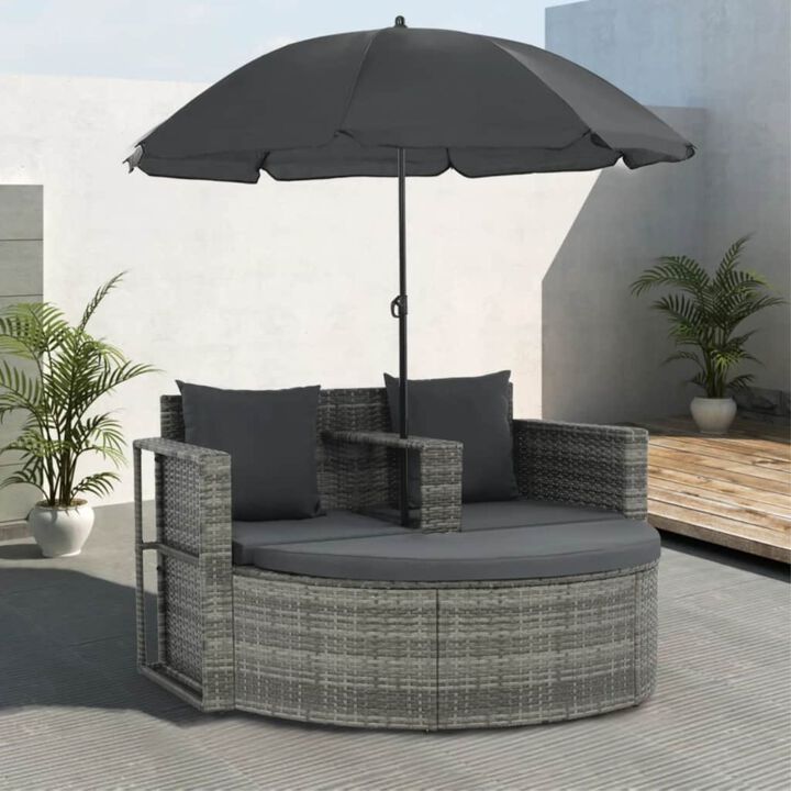 vidaXL 2 Seater Garden Sofa with Cushions and Parasol Gray Poly Rattan