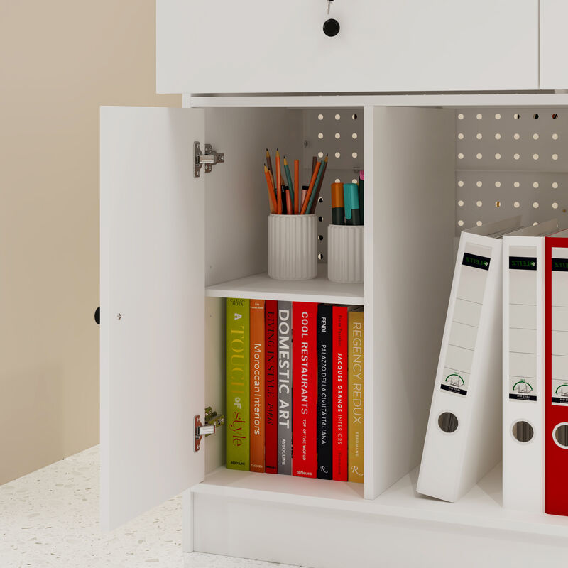 FUFU&GAGA Reception Counter Desk with Perforated Board and 2 Locking Drawers 47.2"L x 19.7"W x 43.3"H White image number 5