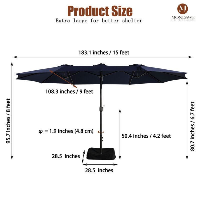 MONDAWE 15ft Rectangular Double-Sided Outdoor Patio Market Umbrella Coffee