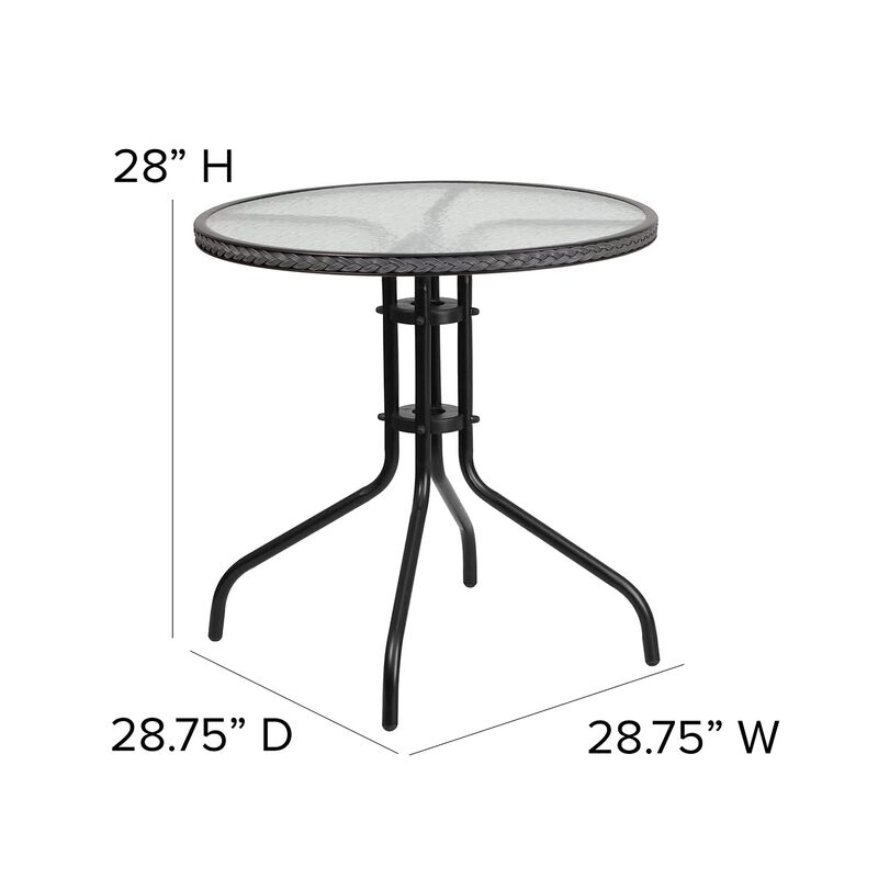 Flash Furniture Lila 28'' Round Glass Metal Table with Gray Rattan Edging and 4 Gray Rattan Stack Chairs