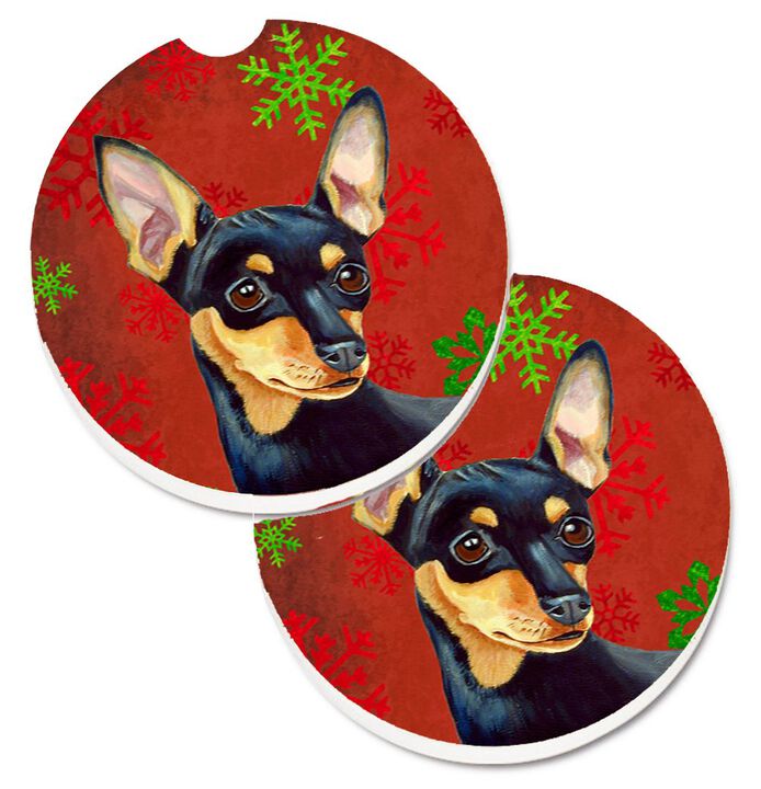 Caroline's Treasures Min Pin Red & green Snowflakes Holiday Christmas Set of 2 Cup Holder Car Coasters LH9335CARC, 2.56, Multicolor