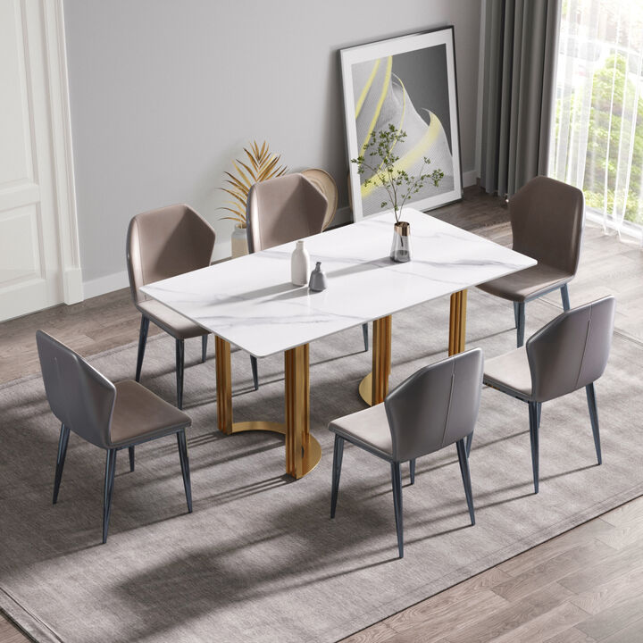 63" Modern artificial stone white straight edge golden metal leg dining table -6 people