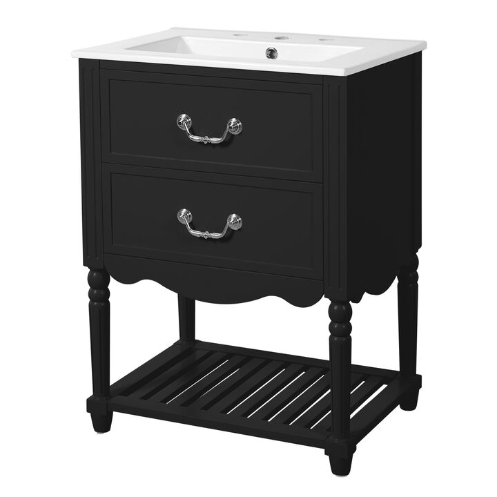 ELEMENT ACE 24 Inch Bathroom Vanity with Ceramic Sink, Bathroom Storage Cabinet with Two Soft-Close Drawers and Open Shelf, Vintage Elegant Wave Design for Bathroom Use