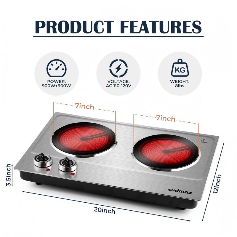 Cusimax 1800W Infrared Ceramic Electric Hot Plate for Cooking, Portable Countertop Burner Glass Heating Plate with 2 Knob Control image number 2