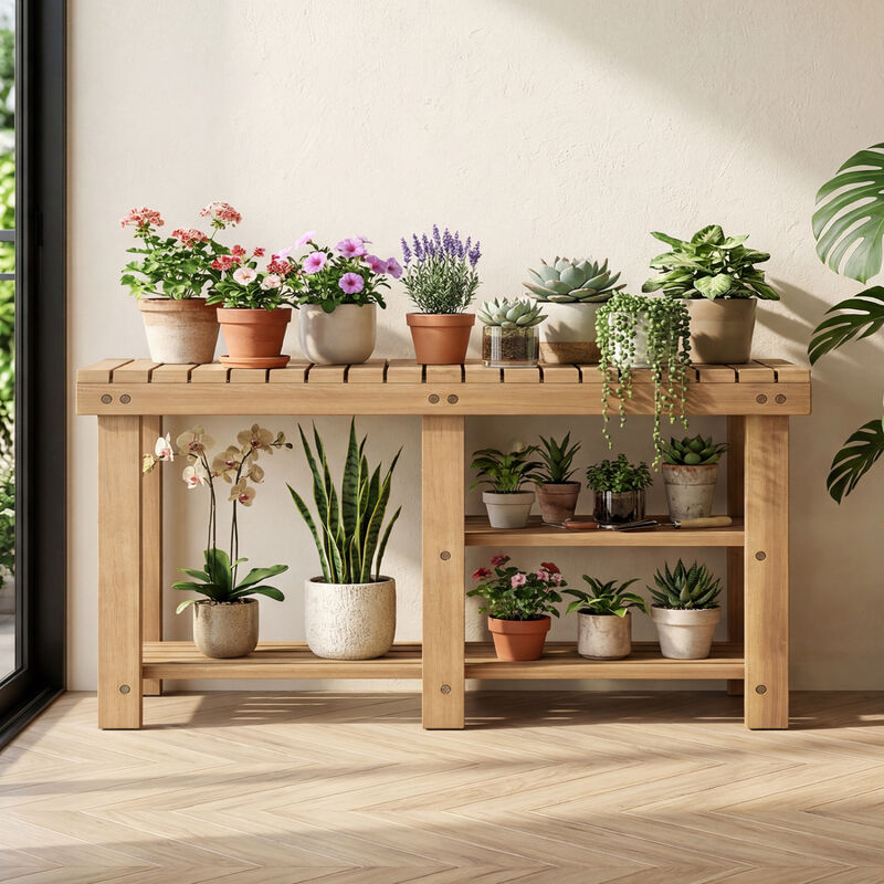 Entryway Shoe Rack Bench 3-Tier Solid Wood Slatted Design image number 1