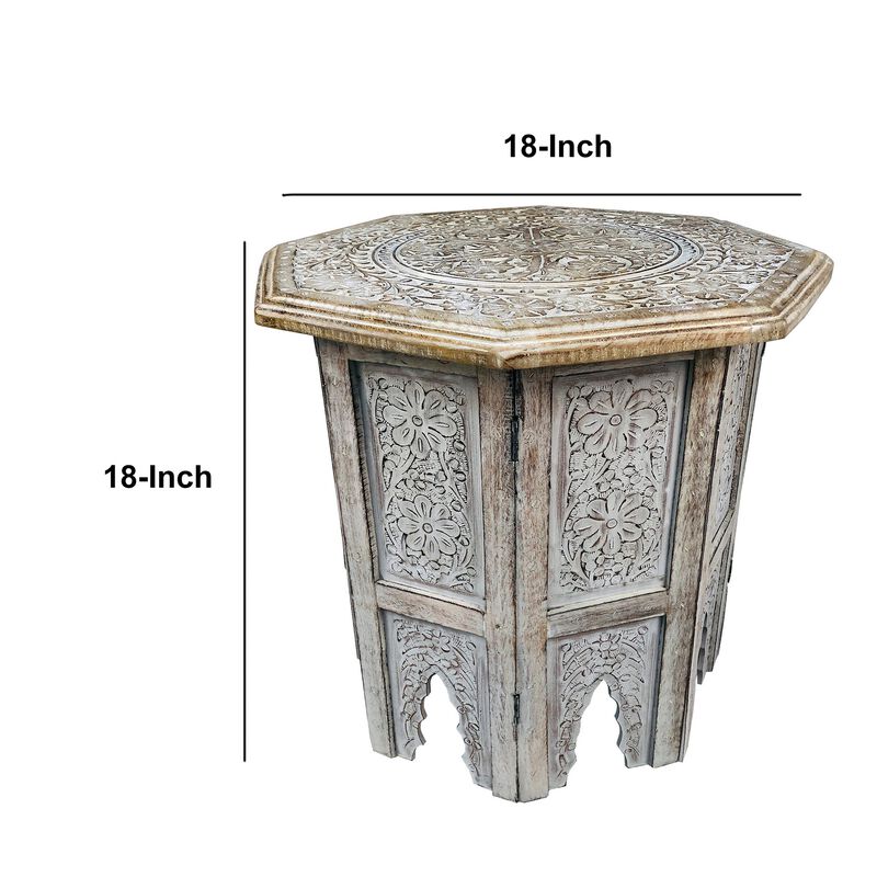 Olta 18 Inch Handcrafted Farmhouse Side Table, Engraved Carved Design, Mango Wood, Octagonal Top, Antique Brown-Benzara