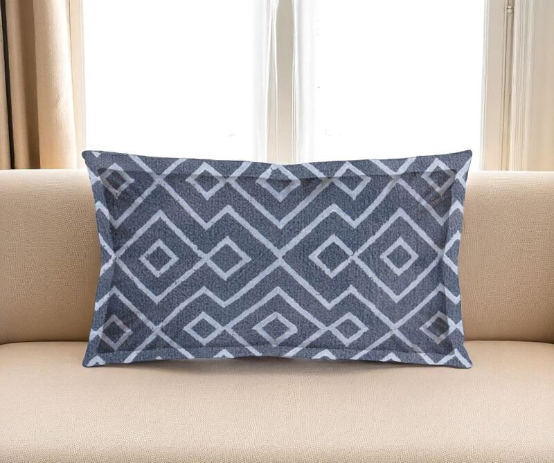 HomeRoots 13" X 21" Blue And Gray Diamond Linen Throw Pillow Cover with Embroidery image number 1