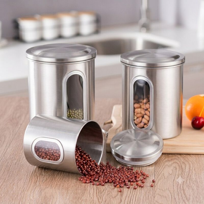 3-Piece Stainless Steel Sealed Canister Set for Kitchen Storage - See-Through Design for Easy Viewing (8oz, 12oz, 16oz, Silver) image number 2