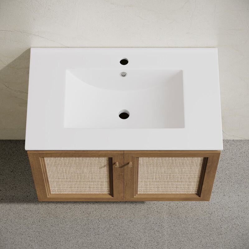 30" Wall-Mounted Bathroom Vanity in Brown Oak with Single Faucet Hole Vanity Top image number 3