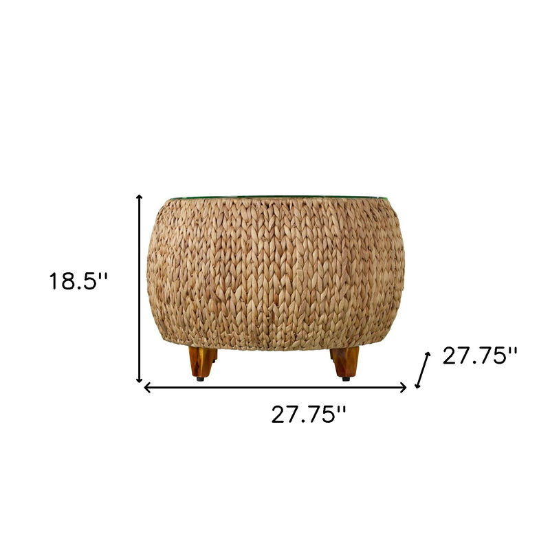 Hivvago 28 Inch Natural And Natural Brown Glass And Solid Wood Round Coffee Table