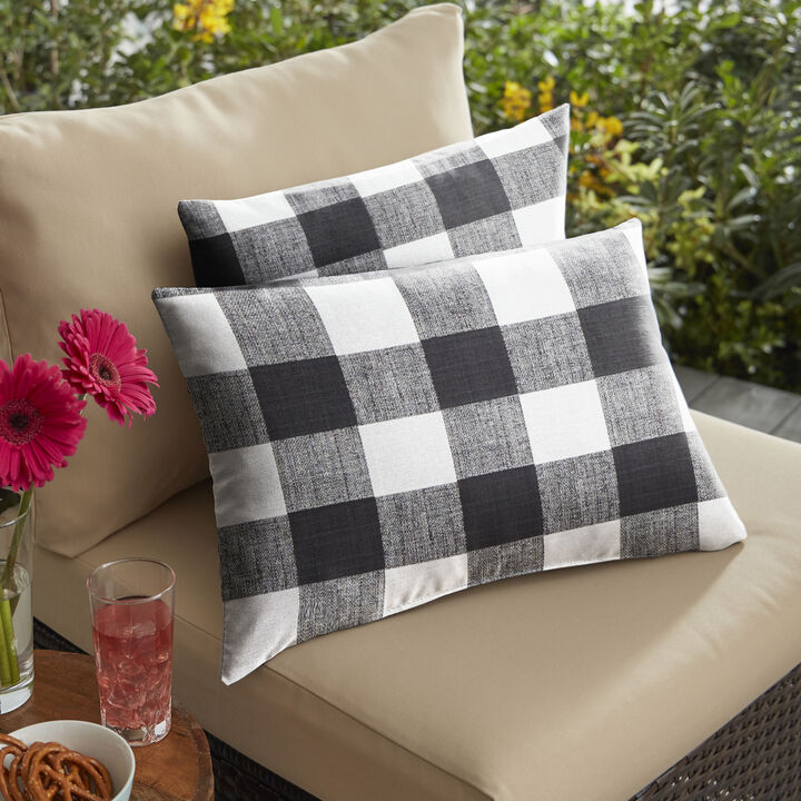 Set of 2 Black and White Buffalo Plaid Indoor and Outdoor Lumbar Pillows 13" x 20"