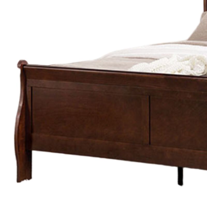 Ryla Queen Size Bed, Sleigh Panel Headboard, Dark Cherry Brown Solid Wood - Benzara
