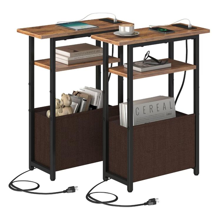 sthmec Narrow Side Table with Charging Station Set of 2, Small End Table for Small Spaces, Skinny Nightstands Set 2 with Storage
