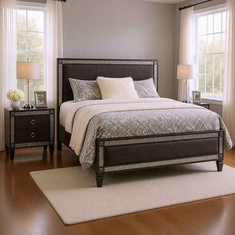 Queen Bedroom Set, Gray, Nickel Wood, 2 Piece Set with Nightstand image number 1