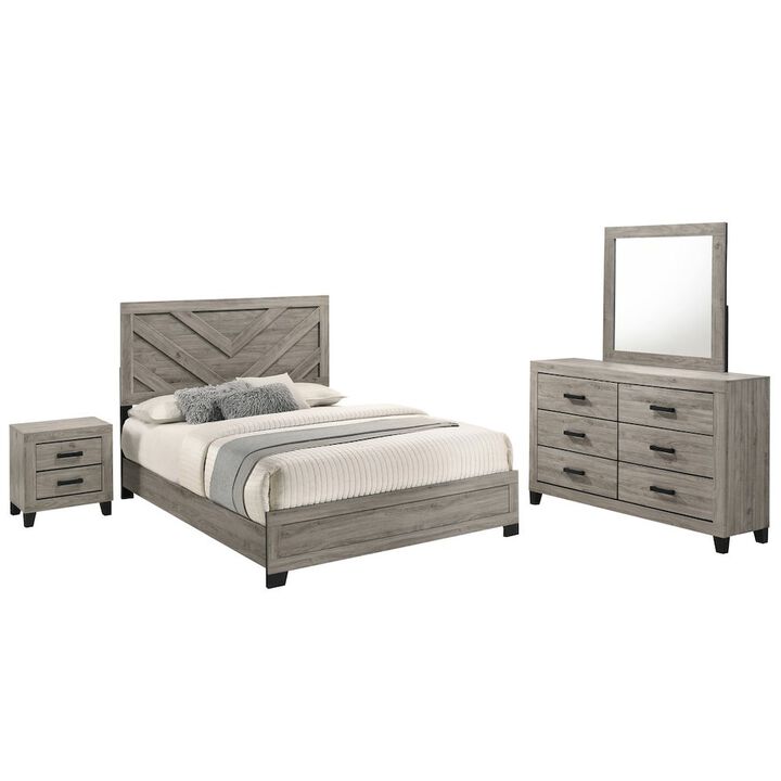 Best Quality Furniture 4 piece light grey pannel bedroom set (Bed+NS+Dresser+Mirror), Queen