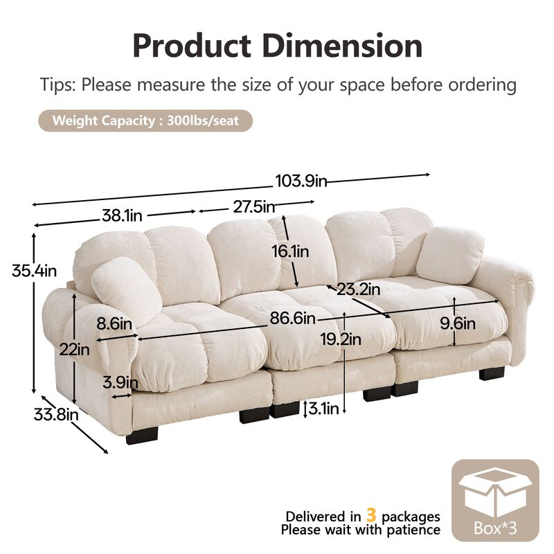 Chenille Cloud 3-Seater Sofa,Exquisite pillows and quilted back cushions,Soft padded armrests-Green image number 3