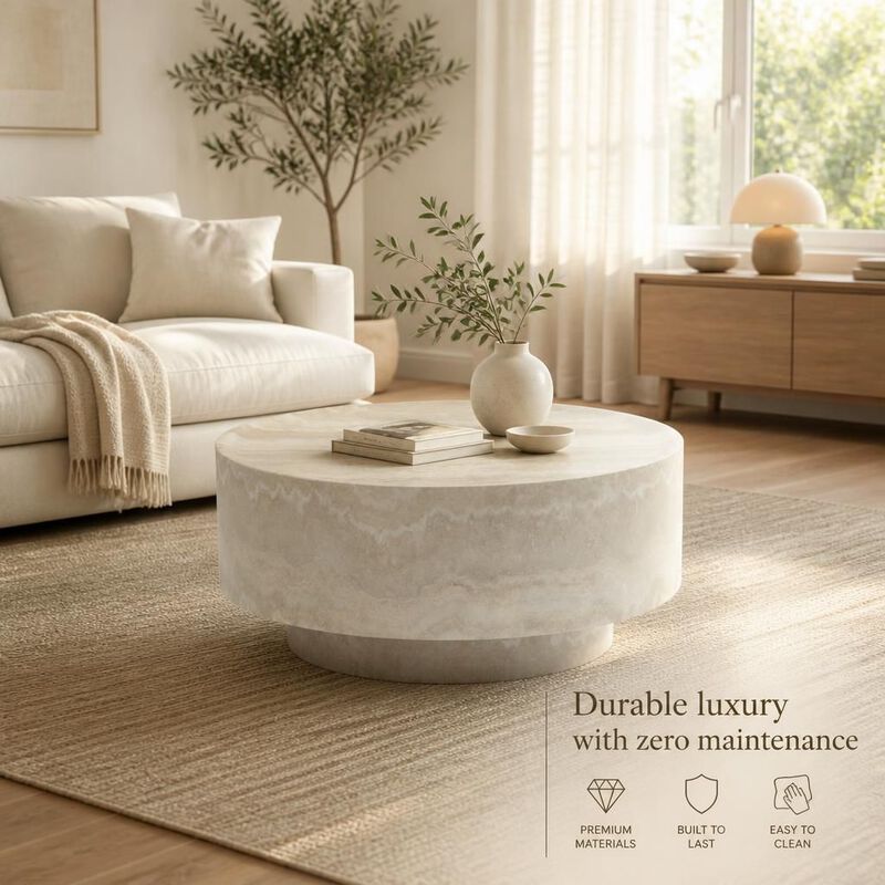 GOODSILO Round 31.5 Inch Mars Vein Marble Effect Drum Coffee Table, Living Room Statement Accent Furniture For Family Gatherings And Cozy Relaxation image number 4