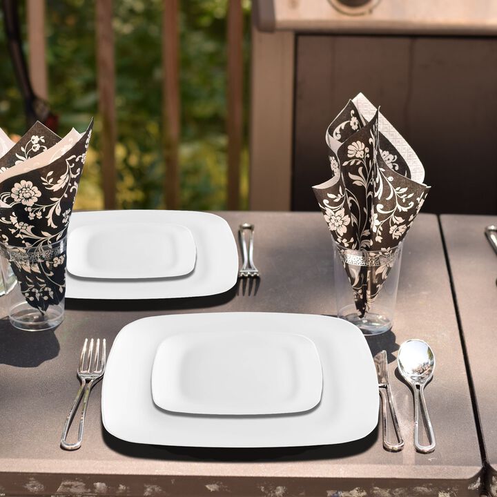 Solid White Flat Rounded Square Plastic Dinnerware Value Set (40 Sets)
