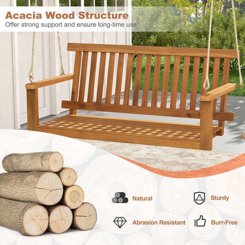 2-Seat Acacia Wood Porch Swing Bench with 2 Hanging Hemp Ropes