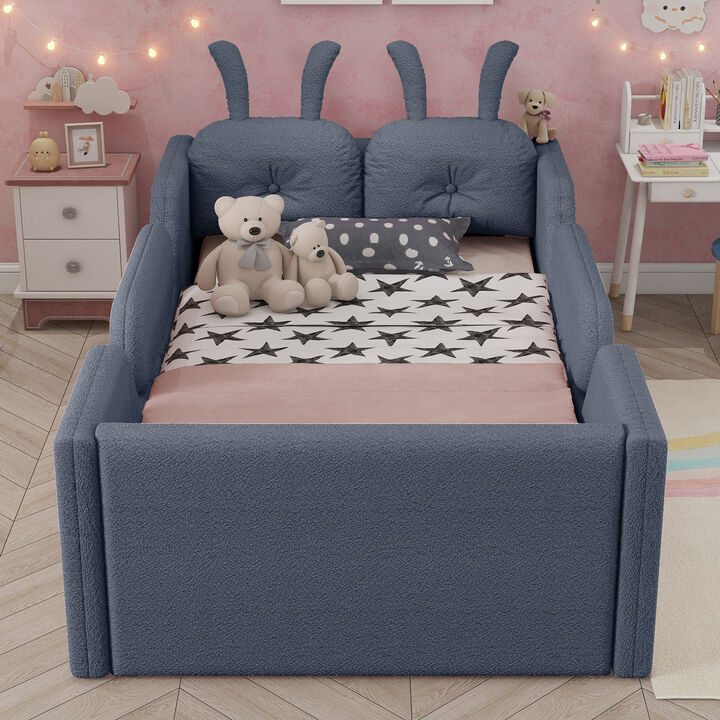 Whisen Twin Size Upholstered Floor Bed with Rabbit Cushion, Kids Platform Bed with Removable Side Rails