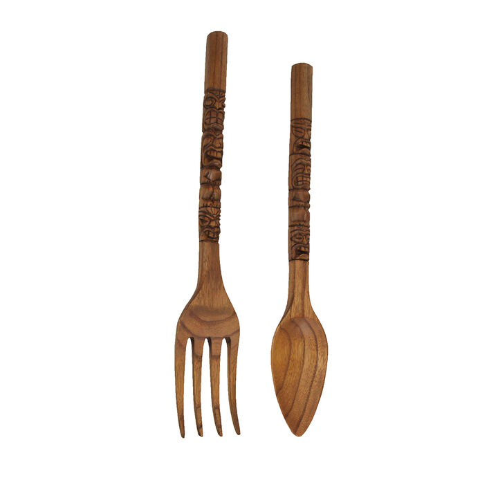 24 Inch Carved Tiki Spoon & Fork Wooden Wall Decor Art Utensil Decoration Set