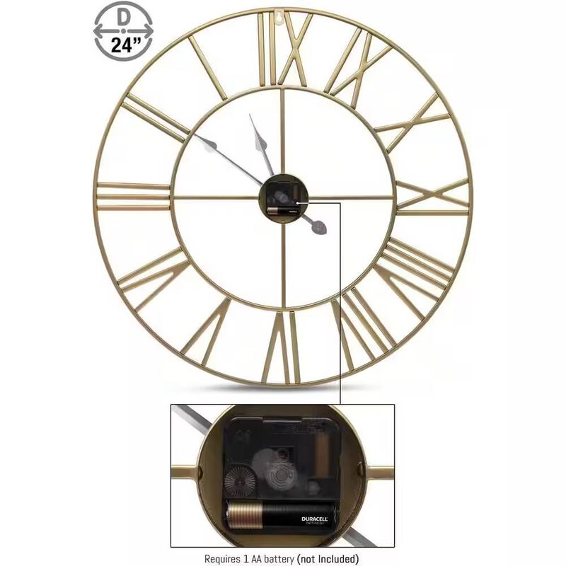 Hivvago Round 24 inch Decorative Gold Metal Wall Clock Roman Numerals and Black Hands