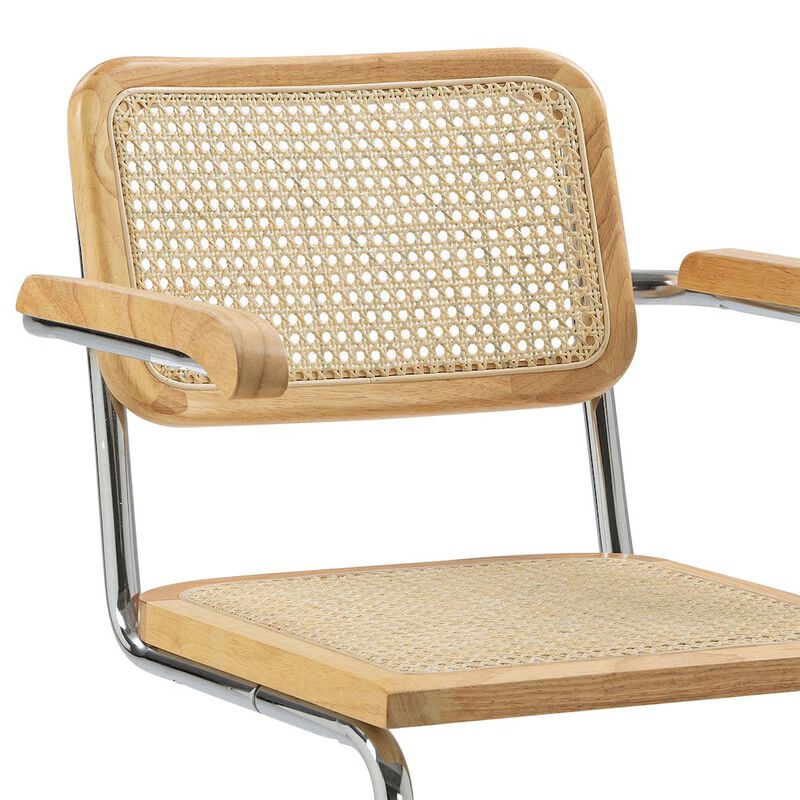 Glamour Home Set of 2 Barnard Natural Wooden Dining Chair with Rattan Back and Chrome Legs