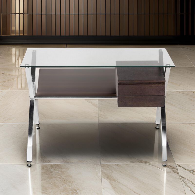 Tia 51 Inch Small Office Desk, Glass Tempered Top, 2 Drawers, Dark Brown - Benzara image number 5