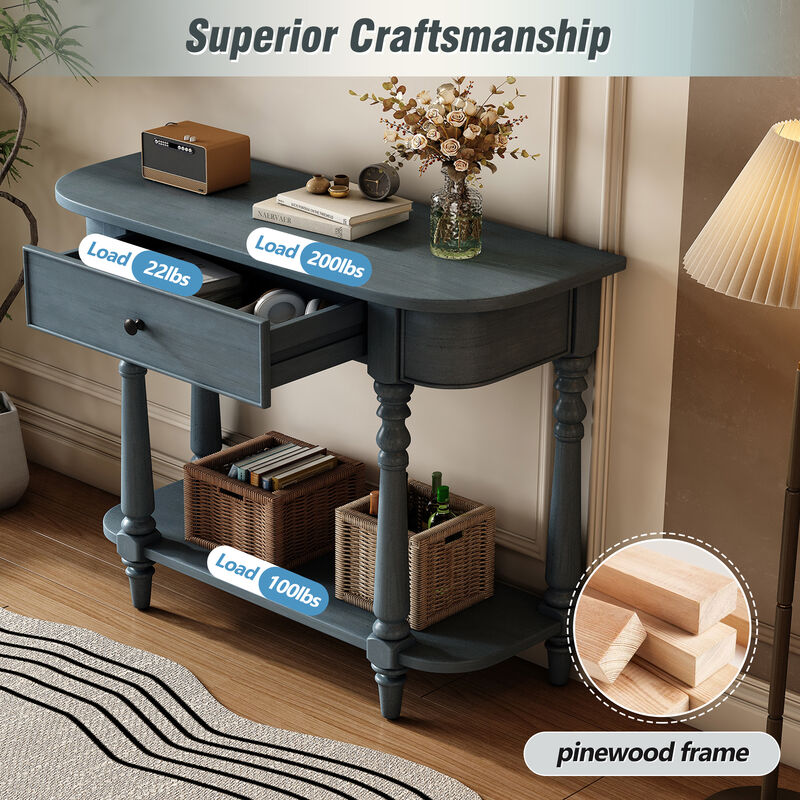 Whisen Retro Corner-curved Console Table with Top Drawer and Open Shelf for Living Room and Entryway - Beige