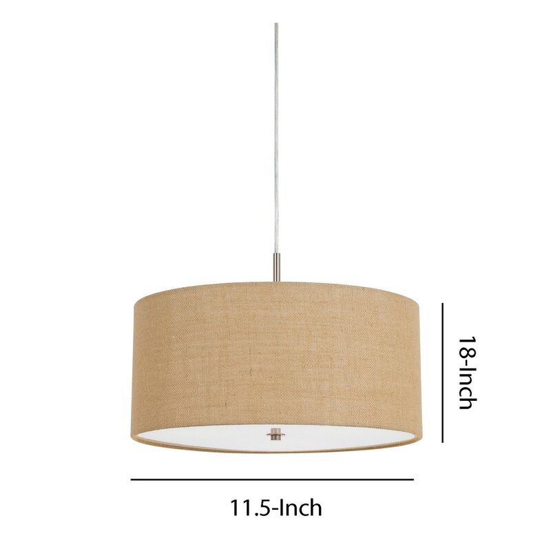 Metal Pendant Lighting with Fabric Circular Drum Shade and Cord, Beige - Benzara