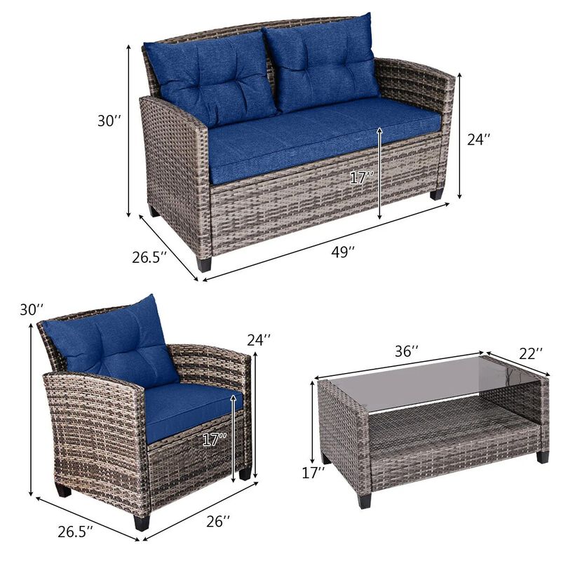 Mondawe 4 Pieces Patio Rattan Furniture Set with Coffee Table and Cushioned Sofa