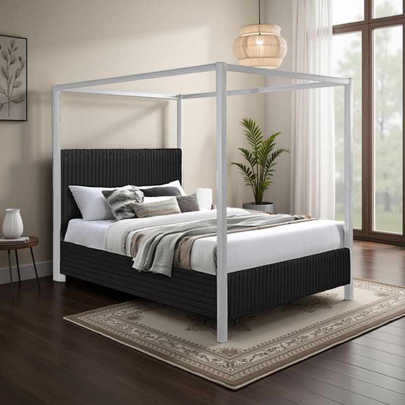Keri Queen Canopy Bed, White Slatted Wood Frame, Black Upholstery