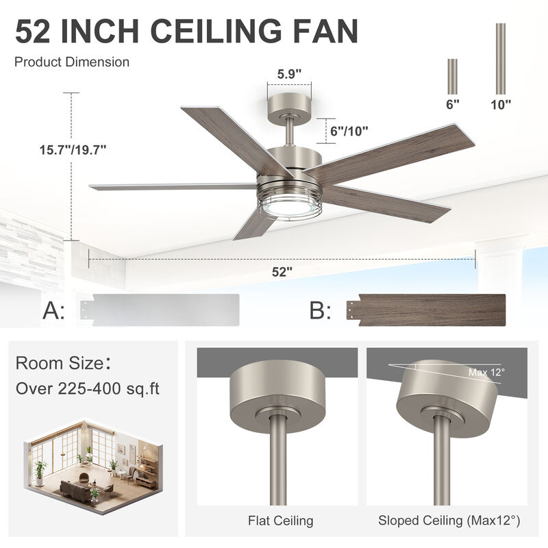 Breezary 52 In Dimmable LED Ceiling Fan with Light, 5 Plywood Blades, 3 CCT, Remote Control image number 5