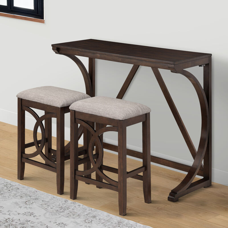 Ruth 3 Piece Brown Counter Table Set, Fabric Seating, Open Geometric Design-Benzara