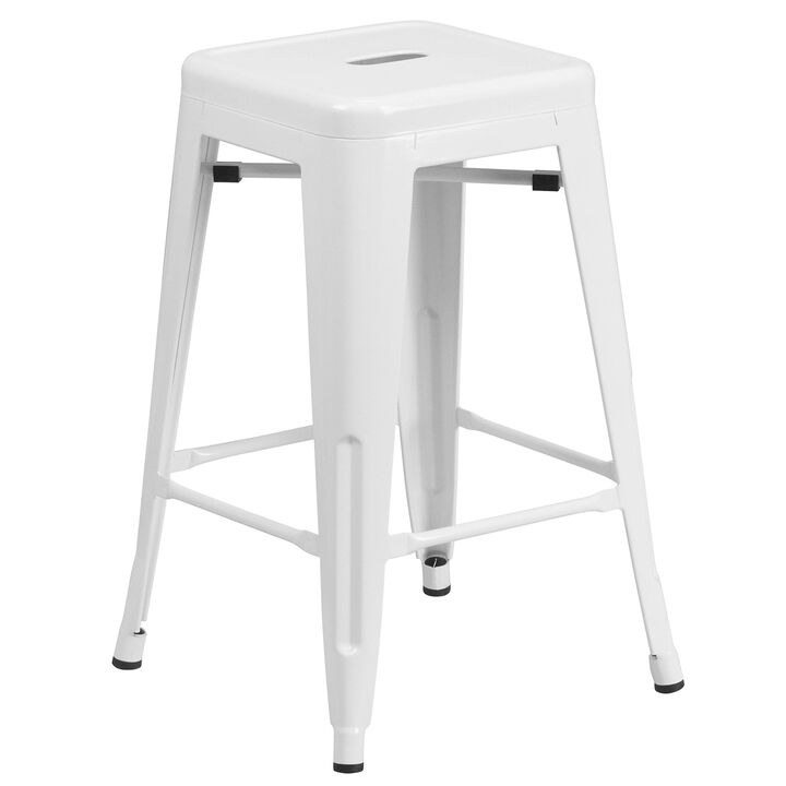 Flash Furniture Kai Commercial Grade 24" High Backless White Metal Indoor-Outdoor Counter Height Stool with Square Seat