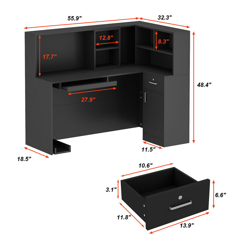 FUFU&GAGA Modern L-Shaped Office Desk with Hutch and Storage (55.9" L x 32.3" W x 48.4" H), Black