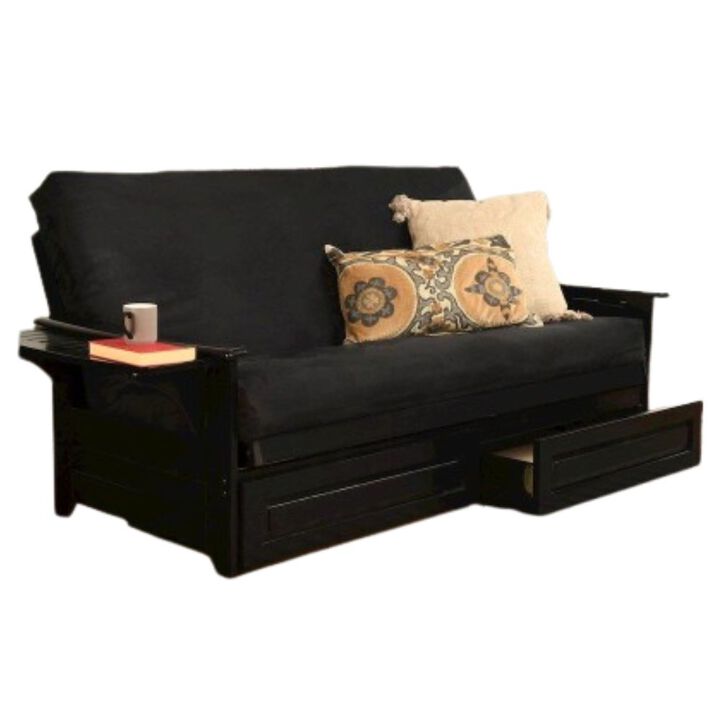 Phoenix Frame Queen-Espresso Finish-Suede Black Mattress-Storage Drawers