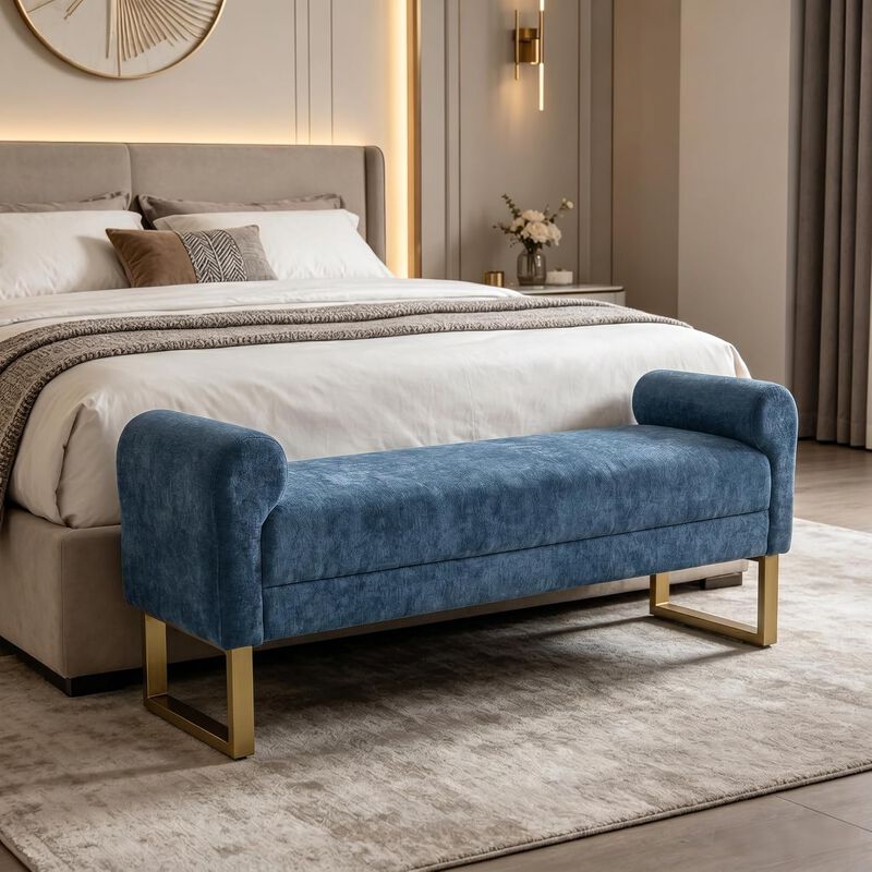Envelor 65 in. Chenille Upholstered Ottoman Bench with Arms and Gold Legs image number 3