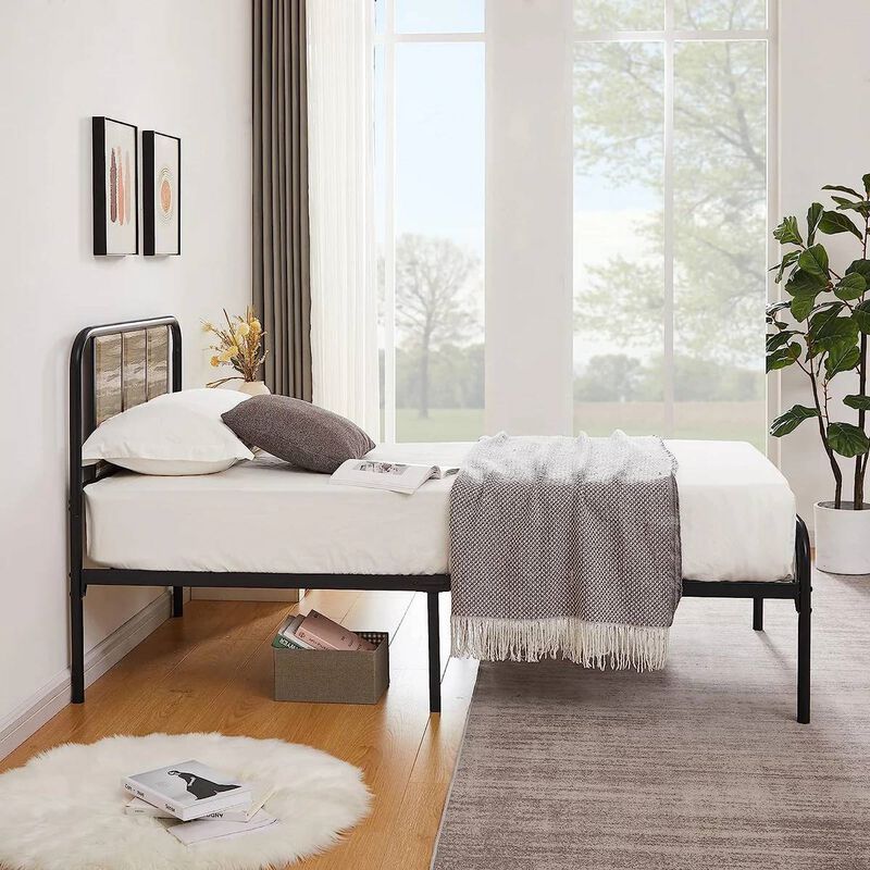 Contemporary Wood-Metal Platform Bed Frame Featuring Rounded Headboard and Footboard